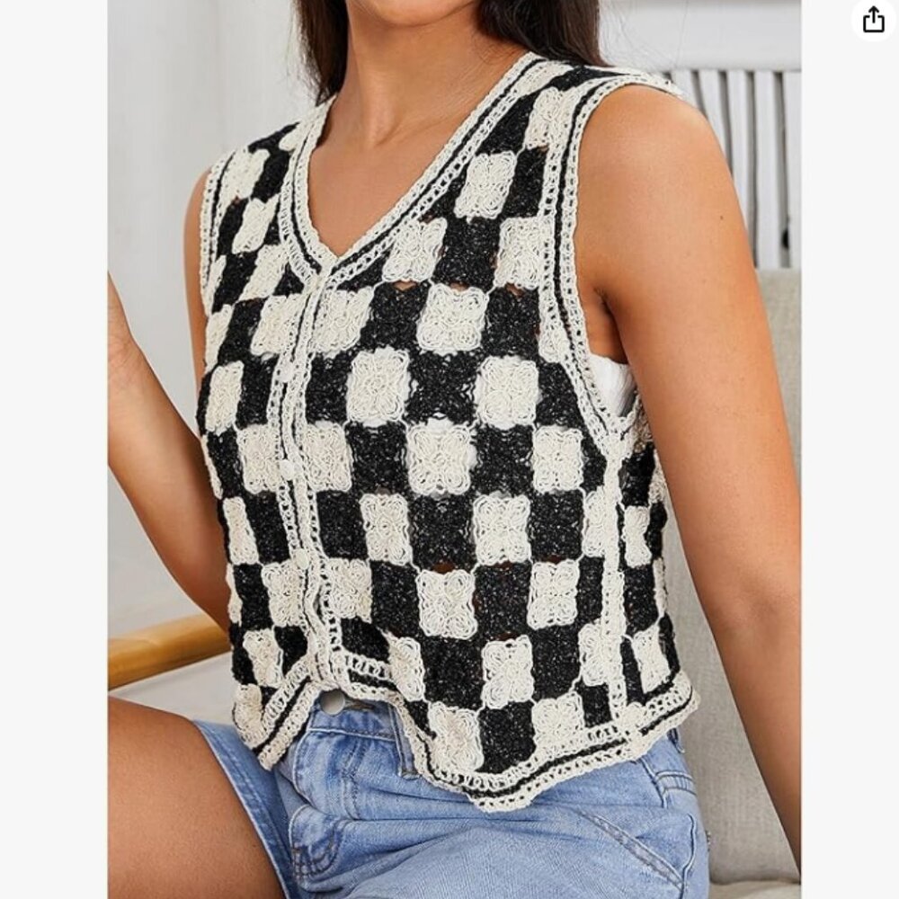 Button Front V Neck Sleeveless Crochet Plaid Checkered Knit Sweater Vest - Picture 4 of 7